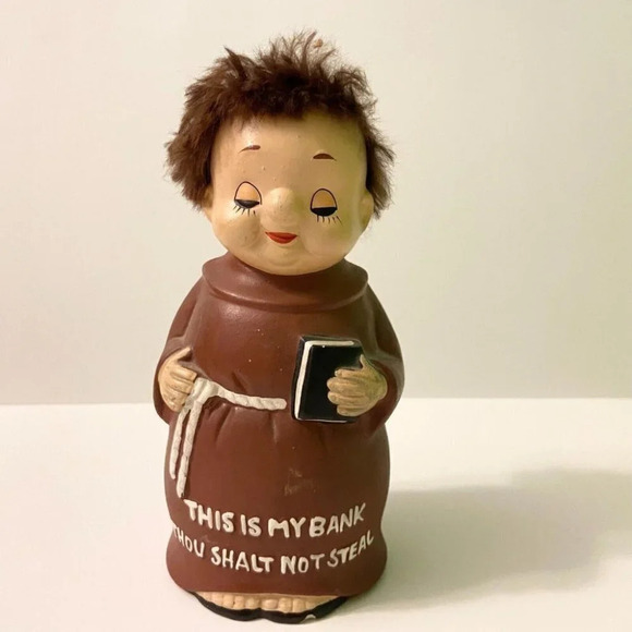 Vintage Monk Friar This Is My Bank Thou Shalt  Not Steal Ceramic Coin Bank - Picture 1 of 8